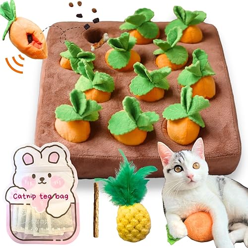 CECE PAW Carrot Catnip Cat Toys, Interactive Feather Cat Toys for Indoor Cats, Cat Puzzle Toys for Boredom and Mental Stimulation, 12 Squeaky Carrots with Treat Pockets and 12 Catnip Tea Bags - Cat Carrot Puzzle - Carrot Puzzle + Catnip