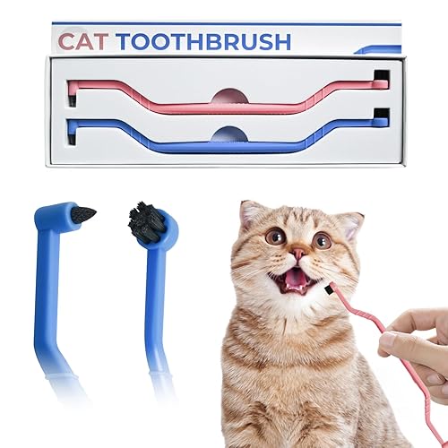 XUEPETT 2 Pcs Dual Sided Cat Toothbrush with Micro Brush Head, Anti-Slip Curved Handle, Cat Dental Care Supplies Eliminates Bad Breath and Reduces Plaque Tartar Formation - Blue/Pink