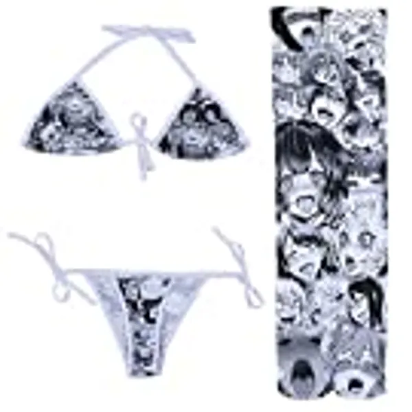 Quker Bean Lolita Japanese Manga Anime Ahego Face Micro Bikini Bra and Thong Set Thigh High Stockings Outfits