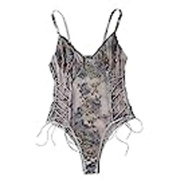 Lilosy Women Sexy Lace Up Floral Embroidered Teddy Lingerie Bodysuit Top Mesh Sheer One Piece