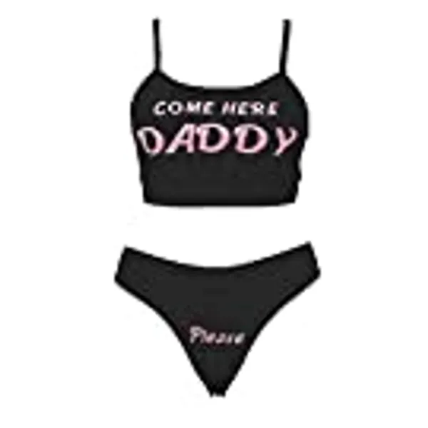 Multitrust Sexy Women Come Here Daddy Please Strappy Lingerie Set 2PCS Slutty Underwear Tank Tops and Panty Pajamas Sleepwear