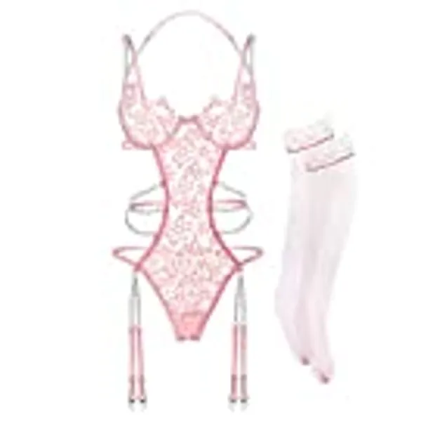 Women Lingerie Set Floral Lace Teddy Strap Chain Babydoll Bodysuit Bra and Panty Set with Garter Belts