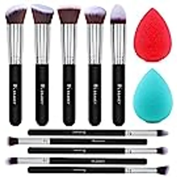BEAKEY Makeup Brushes Set 10 Pcs Premium Synthetic Kabuki Foundation Face Powder Concealers Blush Eyeshadow Brushes Makeup Brush Kit with 2pcs Blender Sponge