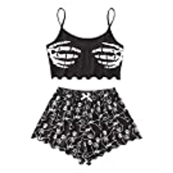 WDIRARA Women's Sleepwear Cute Print Lettuce Trim Cami and Shorts Pajama Set