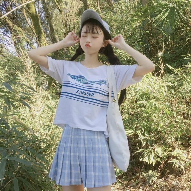 Pink Plaid School Girl Skirt - Blue / L