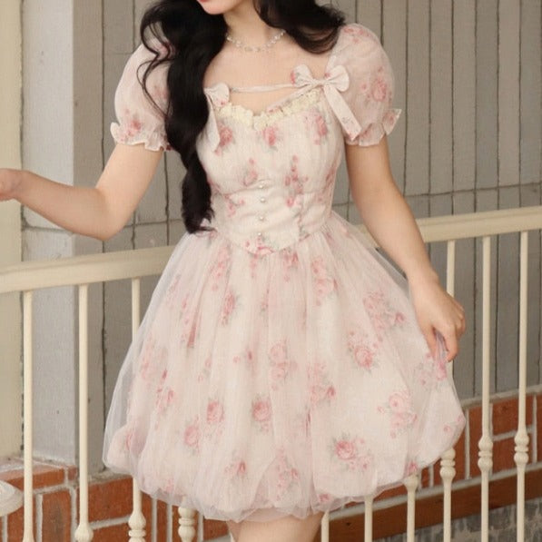 Pink Floral Korean Fashion Mini Dress - Mini Dress / L