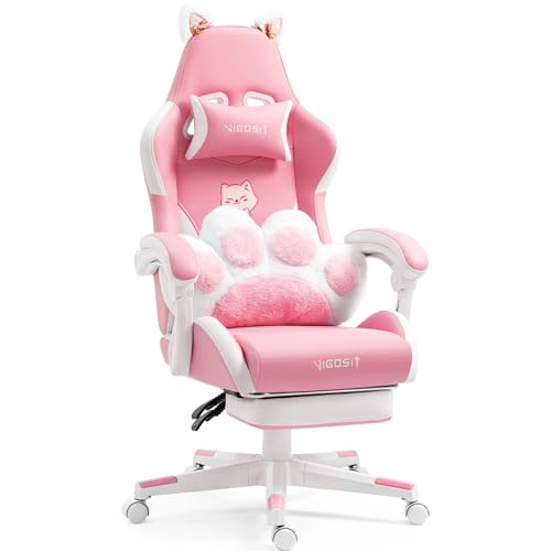 Vigosit Cute Gaming Chair with Cat Paw Lumbar Cushion and Cat Ears, Ergonomic Computer Chair with Footrest, Reclining PC Game Chair for Girl, Teen, Kids, Pink - Pink White