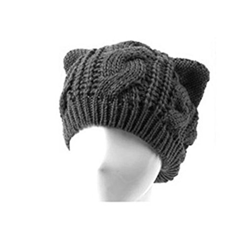 Cute Autumn Winter Cat Ears Shaped Women's Girls Crochet Braided Knit Ski Wool Hat Warm Beanie Cap (Black)