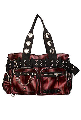 Lost Queen Striped Punk Rock Steampunk Purse with Handcuff Skull Charm - Red