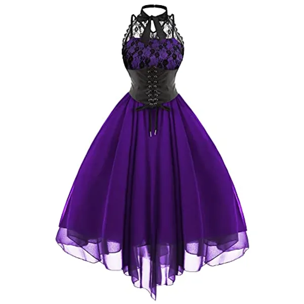 Women's Sleeveless Gothic Lace Dress with Corset Halter Lace Swing Cocktail Dress