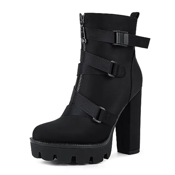 wetkiss Platform Boots for Women, Heeled Combat Boots Chunky Heel Booties Round Toe Lace Up High Heel Ankle Boots