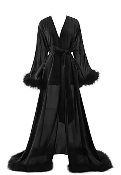 Molisa Sexy Feather Robe Chiffon Sheer Long Lingerie Wedding Scarf Illusion Nightgown Bathrobe Bridal Robe