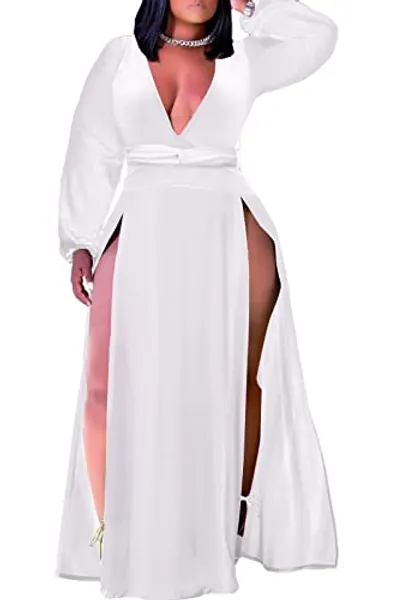 Ekaliy Women's Plus Size Sleeveless Deep V Neck Front Split Long Maxi Wrap Dress