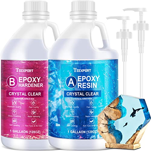 Teexpert Crystal Clear Epoxy Resin Kit 2 Gallon Self-Leveling Coating and Casting Resin, High-Gloss & Bubbles Free Resin and Hardener Kit for DIY Art, Jewelry, Table Top, Molds, Wood 1:1 Ratio - 2 gallon