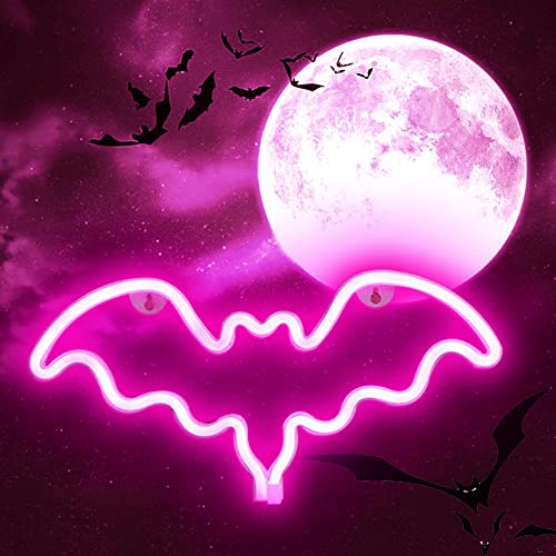 Vicila LED Neon Bat Lights Halloween Decor, Bat Shape Neon Signs Goth Night Lights Battery Operated Desk Table Lamp for Bedroom, Bar, Wall, Coffin Decor-Bat(Pink) - Pink