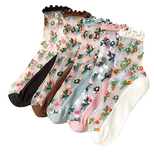 Benefeet Sox Womens Sheer Mesh Crew Socks Girls Cute Lace Nylon Transparent Ultrathin Novelty See Through Ankle Socks - One Size - 5 Pack-ruffle Little Flowers