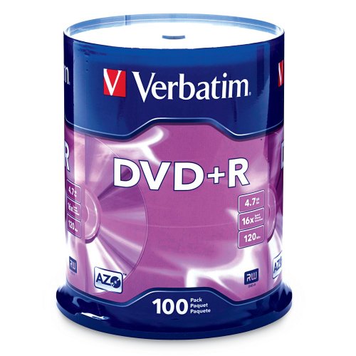 Verbatim DVD+R Blank Discs AZO Dye 4.7GB 16X Recordable Disc - 100 Discs Spindle Silver Frustration Free Packaging - 100pk Spindle - Frustration Free Packaging