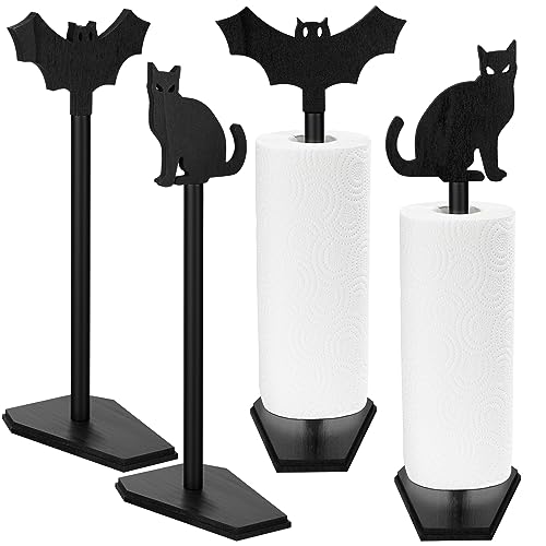 Dandat 2 Pcs Bat Black Cat Paper Towel Holder Halloween Decor Gothic Kitchen Bathroom Accessories Jumbo Size with Heavy Duty Wood Base Goth Accessories for Countertop Stand for Halloween Party