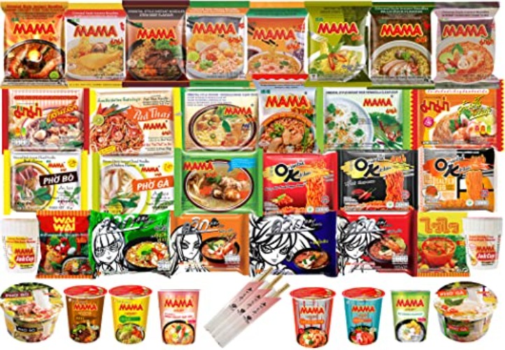 HCG Thai Ramen Noodles Variety Pack with Mama Soup and Wai Wai Quick Instant Noodle, Pack of 15 with chopsticks, 18 Piece Set