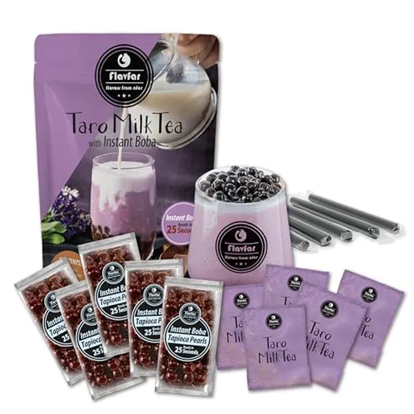 Flavfar Instant Boba Bubble Pearl Taro Milk Tea Kit with Authentic Brown Sugar Tapioca Boba and Straws, Ready in 25 Seconds | Great Idea for Gifting, Home and Party - 5 Servings Beverage Drink