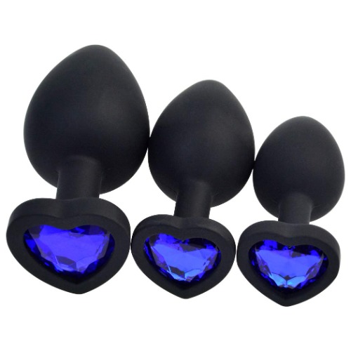 3 Pcs 3 Size Silicone Jeweled Anal Butt Plugs Anal Trainer Toys(Black Heart) - Black Heart