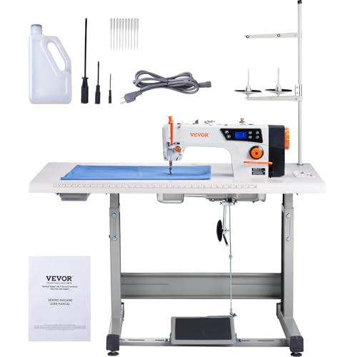 VEVOR Industrial Sewing Machine, 550W Servo Motor and Table Stand, 5000s.p.m Heavy-duty Lockstitch Sewing Machine, Clear Control Panel and Electro-mechanization Intelligent Start-stop for Easy Use