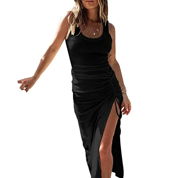 Loalirando Summer Dresses for Women UK Sleeveless Ribbed Drawstring Ruched Casual Tank Dress Sexy Bodycon High Slit Dresses for Vacation Cocktail Work Wedding Party