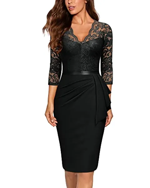 MIUSOL Women's Vintage Lace V-Neck 3/4 Sleeves Cocktail Party Formal Wedding Guest Work Bodycon Dress