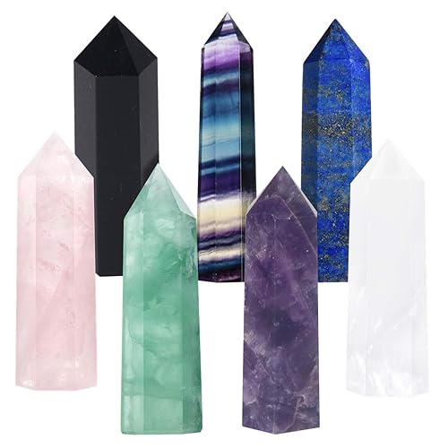 Luckeeper 7 PCS Healing Crystal Wands | 2" Amethyst, Rose Quartz,Clear Quartz,Black Obsidian,Green Fluorite, Lapis Lazuli,Rainbow Fluorite| 6 Faceted Reiki Chakra Meditation Therapy - 2" Tall