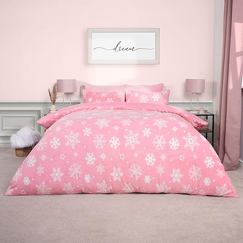 OHS Christmas Duvet Set Double Snowflakes, Teddy Fleece Duvet Cover Double Winter Bedding Double Bed Set with Pillowcases Quilt Cover Super Soft Comfy, Pink - Blush Pink - Double