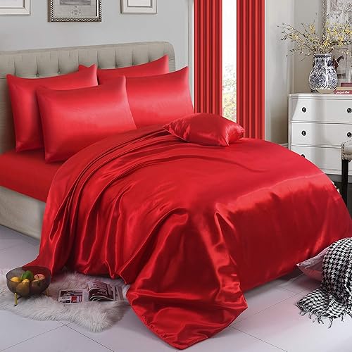6 piece-Satin sheets Soft bedding shiny silky bedding in 11 colors bedding sets duvet/ duvet cover, Fitted sheet set, 4 pillow cases, complete bed sheet set-Double, King, Super king duvet set - Red - Double