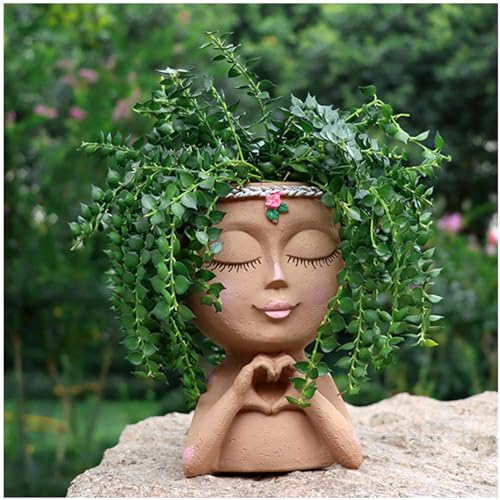Meltset Face Planters Pots Head Unique Face Flower Pot Head Planter for Indoor Plants Cute Small Succulent Pots Indoor Plant Pot with Drainage (Brown) - Brown