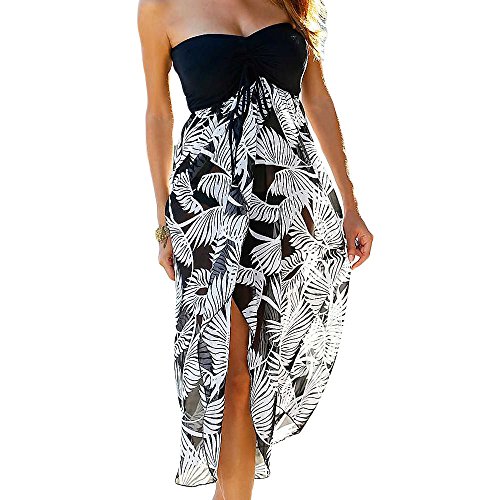 Uranus Women Summer Baggy Loose Slit Feather Print Slit Strapless Bardot Maxi Beach Dress - XL - Black