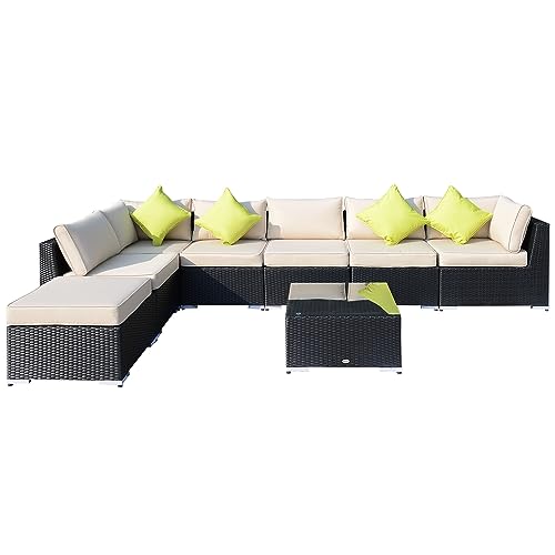 Outsunny 8 Pieces PE Rattan Corner Sofa Set with Thick Cushions, Aluminium Outdoor Rattan Garden Furniture Set with Glass Top Table, No Assembly Required, Black - Black