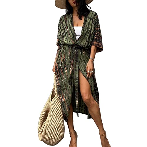 Tie Dye Beach Kimono Cardigan,Long Swimsuit Bikini Beach Cover Up, Open Front,Casual Loose Flowy - Army Green - One Size