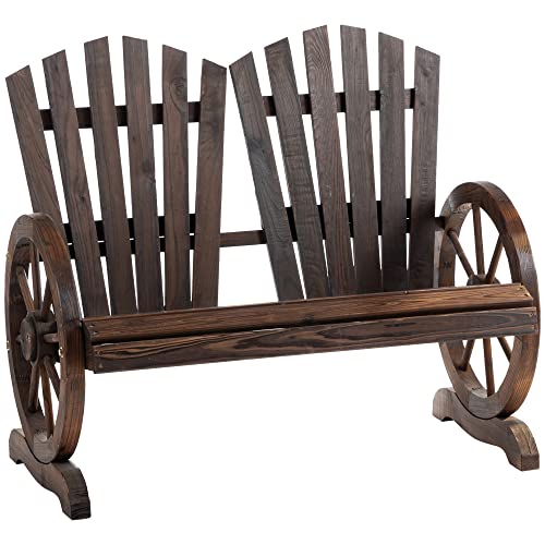 Outsunny 2 Seater Garden Bench Comfortable Fir Logs Love Chair with Wagon Wheel-Shaped Armrests, Outdoor Adirondack Wooden Loveseats, Carbonized colour