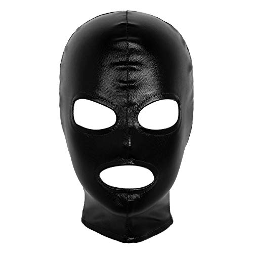 FEESHOW Unisex Latex Shiny Metallic Open Mouth Hole Headgear Full Face Mask Hood for Motorcycle Bike Cap - Leather Black