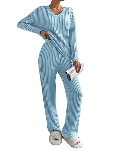 CheChury Zweiteiler Damen Lounge Set V-Ausschnitt Einfarbig Loungewear Gerippt Shirt Top Langärm mit Hose 2-Teiliges Hausanzug Jogginganzug Loungewear Nachtwäsche Hauskleidung Freizeit Outfit - Puderblau - M