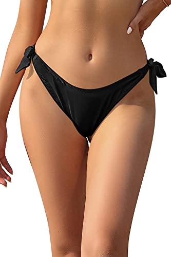 SHEKINI Women's Tie Side Thong Bikini Bottom High Cut V Cheeky Swimsuit Low Rise Swim Briefs - L - Black