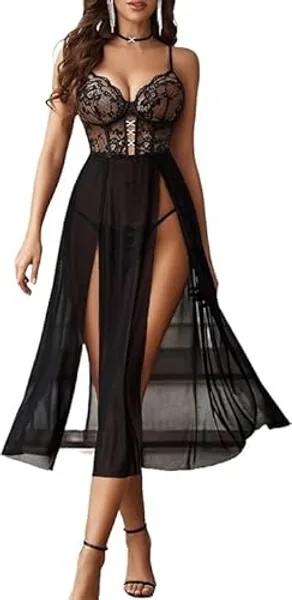 Avidlove Sexy Dessous Damen Reizwäsche Set Spitze Lingerie Netzstoff Babydoll V-Ausschnitt Unterwäsche Corsage Nachthemd Longe Nachtwäsche Seitlich Geschlitztes Negligee - L - A-schwarz