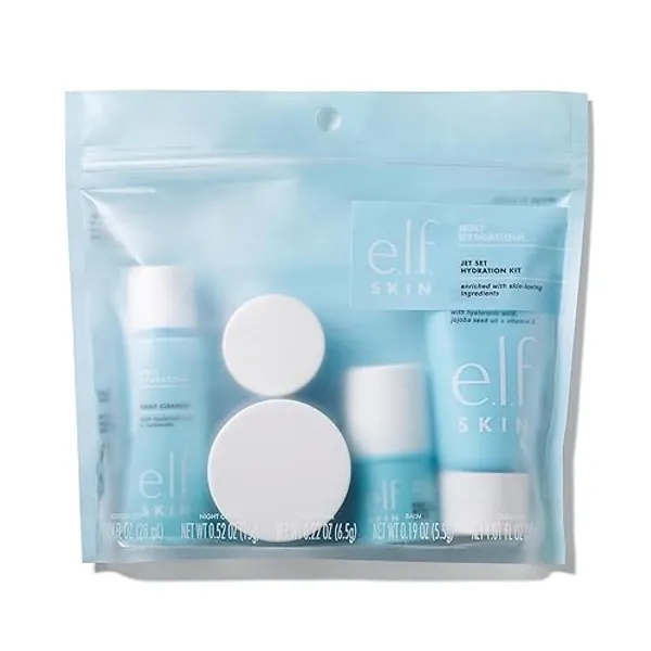 e.l.f. SKIN Jet Set Hydration Kit, Reisefreundliches Feuchtigkeitsspendendes Pflegeset, Gesichtsreiniger, Pflegebalsam, Feuchtigkeitscreme, Augencreme & Nachtcreme, Vegan & Tierversuchsfrei - 5 Stück (1er Pack)