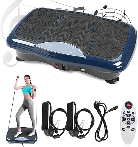Vibration Plate Exercise Machine Whole Body Workout Vibration Platform w/Bluetooth Speaker Remote Control Vibration Machine 5 Programs 180 Levels Loop Bands for Auult Home Fitness Weight Loss (Blue)