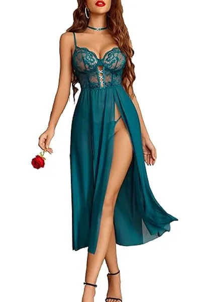 Avidlove Sexy Dessous Damen Reizwäsche Set Spitze Lingerie Netzstoff Babydoll V-Ausschnitt Unterwäsche Corsage Nachthemd Longe Nachtwäsche Seitlich Geschlitztes Negligee - L - Grün