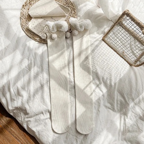 Cozy Wool Pompom Stockings | White / Over Knee