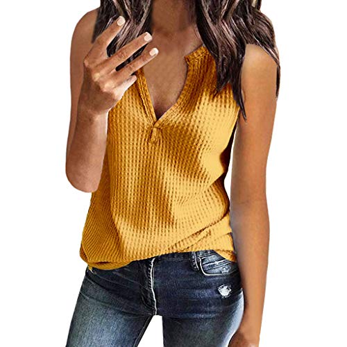 Cocila Womens Fashion Soft V Neck Shirts Sleeveless Solid Waffle Knit Loose Fitting Camisole Vest Tank Top - XXL - Yellow