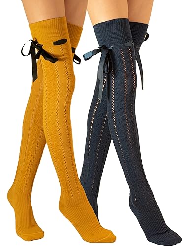 Molton Marley 2 Pack Extra Long Over The Knee Thigh High Long Socks, Bow and Ribbon, Cotton Knit, Girls' and Women's, Made in Europe - S-M - Mustard, Navy