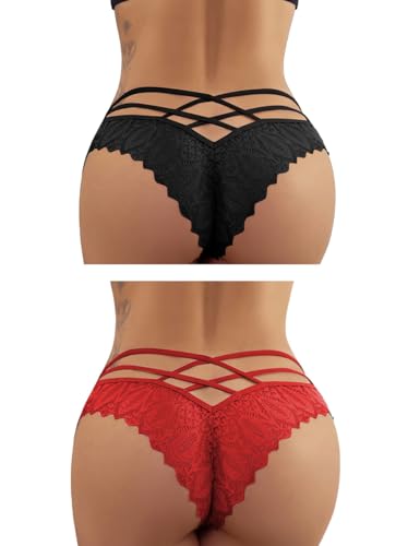 FULLJOYLOVE Women Knickers Satin Cheeky Thongs Lace Panties Back Hollow Out Underwear Plus Size Bikini Briefs - L - Black,red(2 Pack)