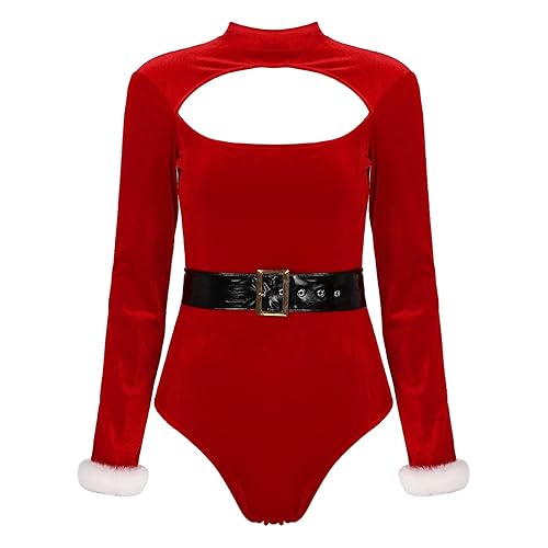 CHICTRY Women's Christmas Santa Cosplay Costumes Lingerie Red Teddy Velvet Cutout Bodysuit with Belt - Red - XXL