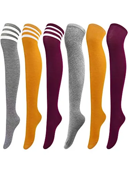 ANECO 6 Pairs Over Knee Thigh Socks Knee-High Warm Stocking Women Boot Sock Leg Warmer High Socks for Daily Wear, Cosplay