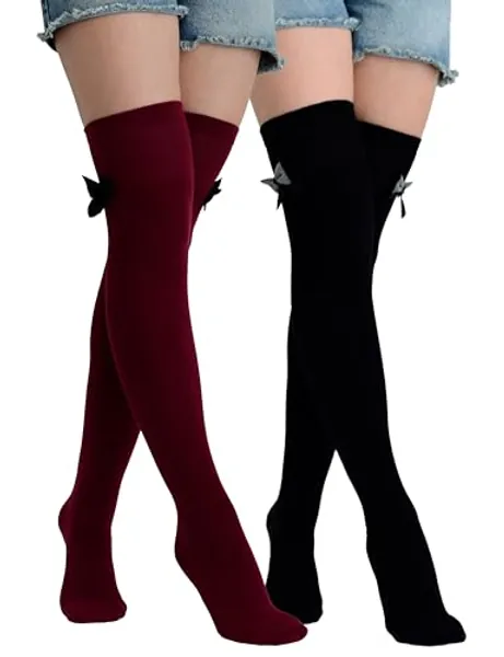 Molton Marley 2 Pack Over The Knee Thigh High Long Socks, Bow, Cotton Fine Knit, Girls' and Women's, Made in Europe